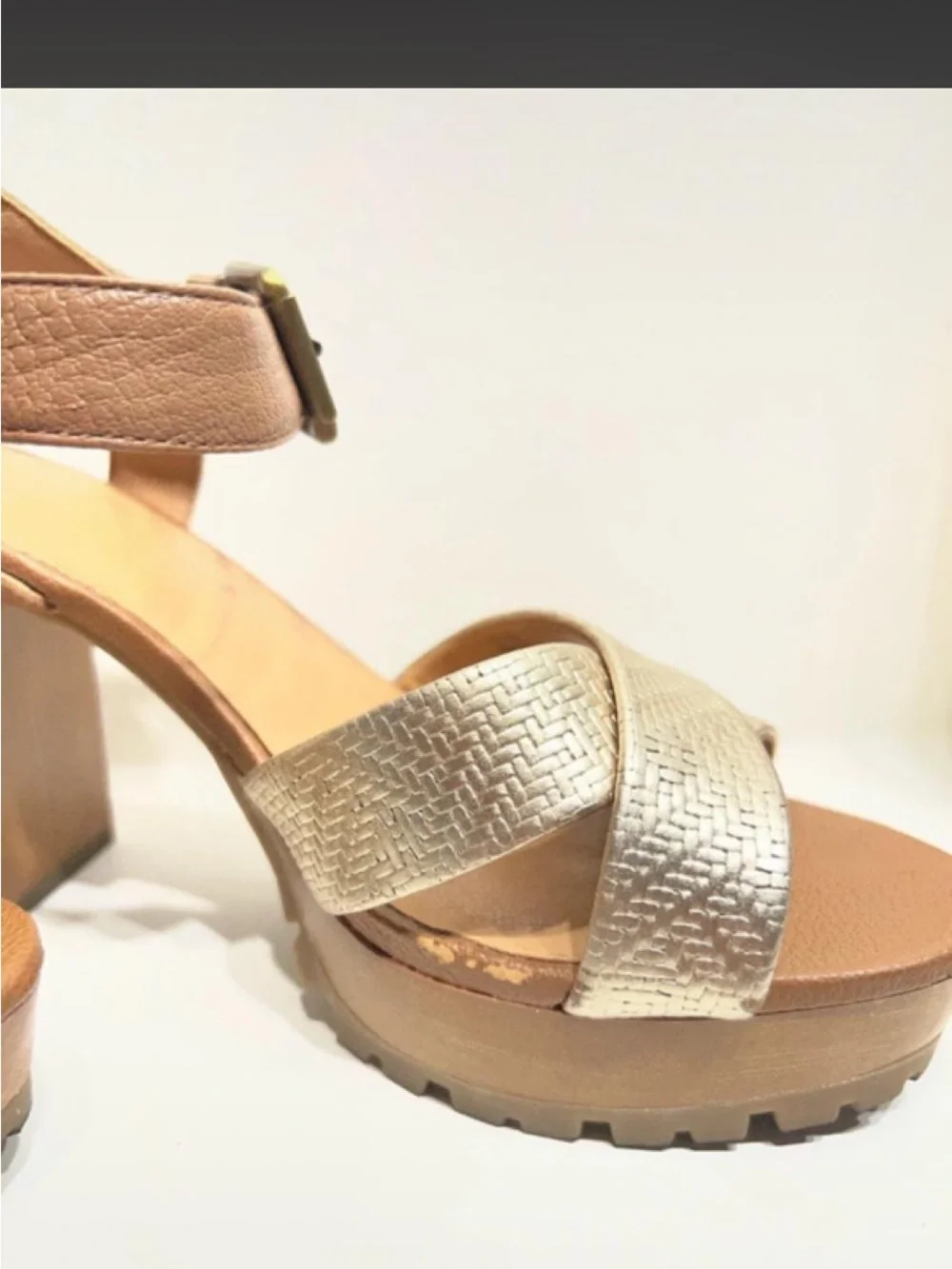 Crown Vintage Platform Block Heel Sandals in Metallic and Tan